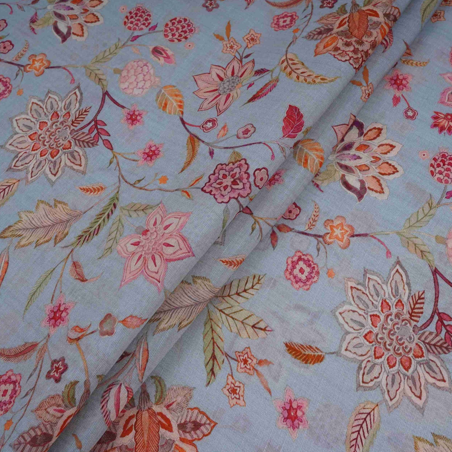 Ice Blue Chintz floral print Pure Linen Fabric GTS-31334