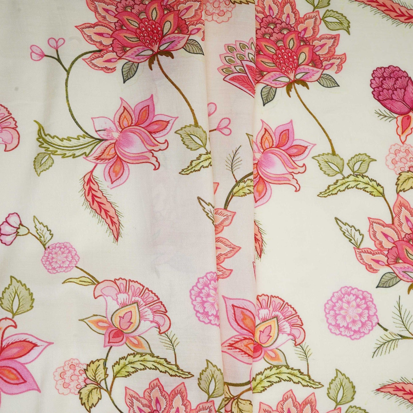 Ivory Mughal Floral Print Muslin Fabric GTS-30950
