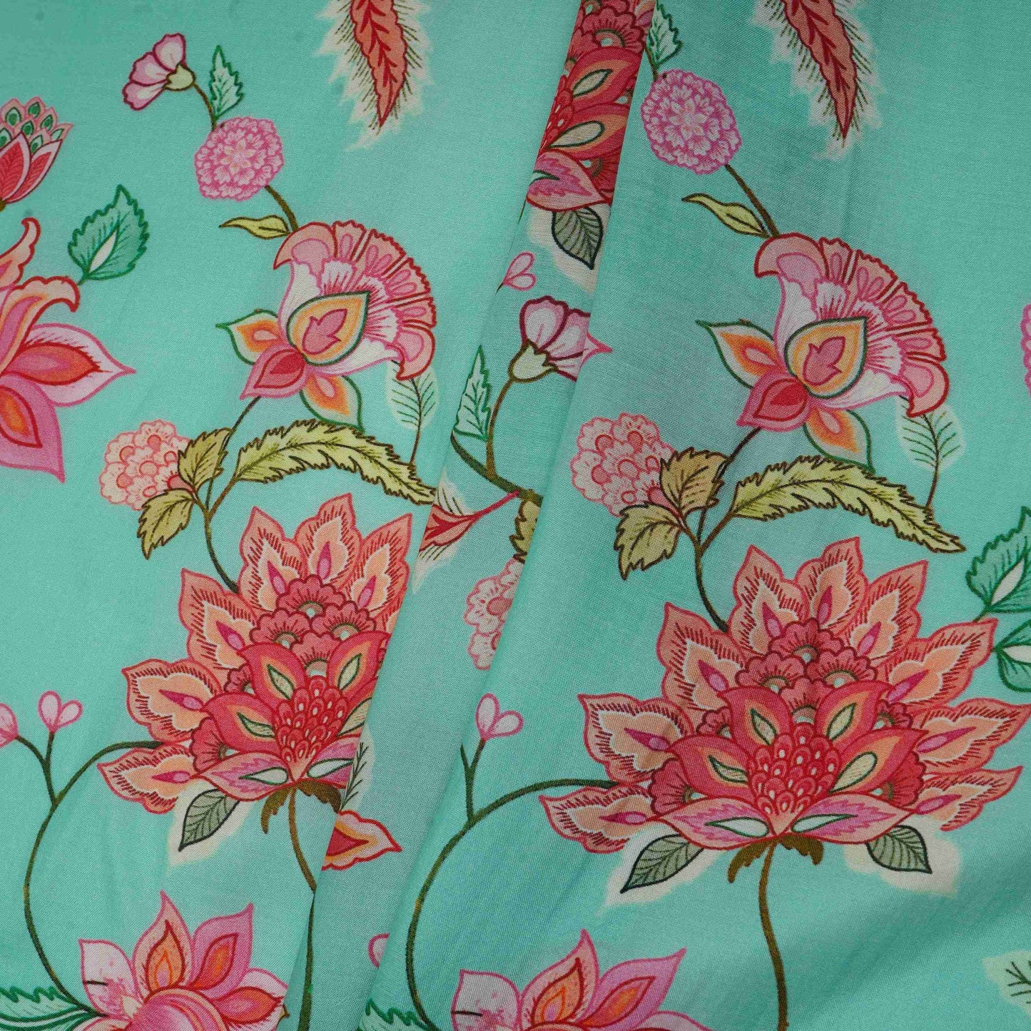 Sea Green Mughal Floral Print Muslin Fabric GTS-30944