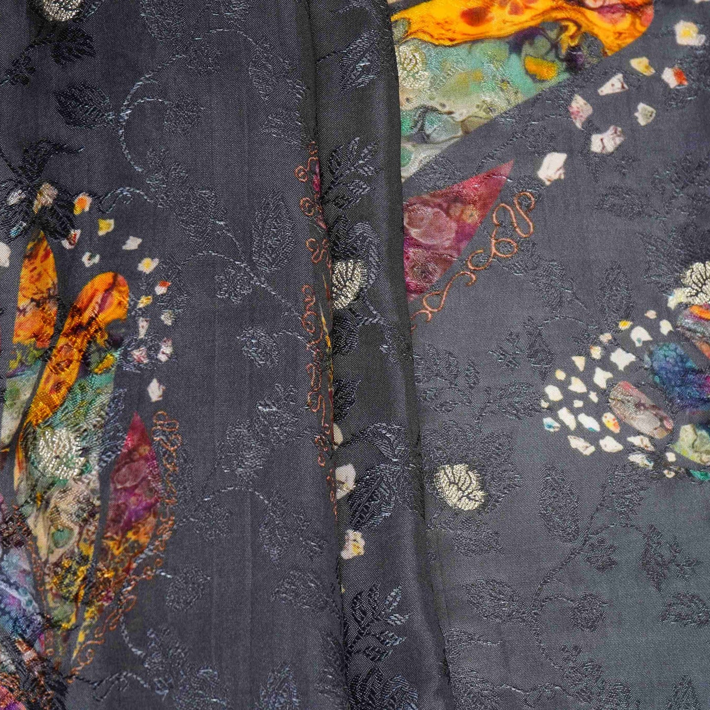 Charcoal Grey floral Jari Jacquard Pure Bemberg Crepe Fabric MTFG-31094