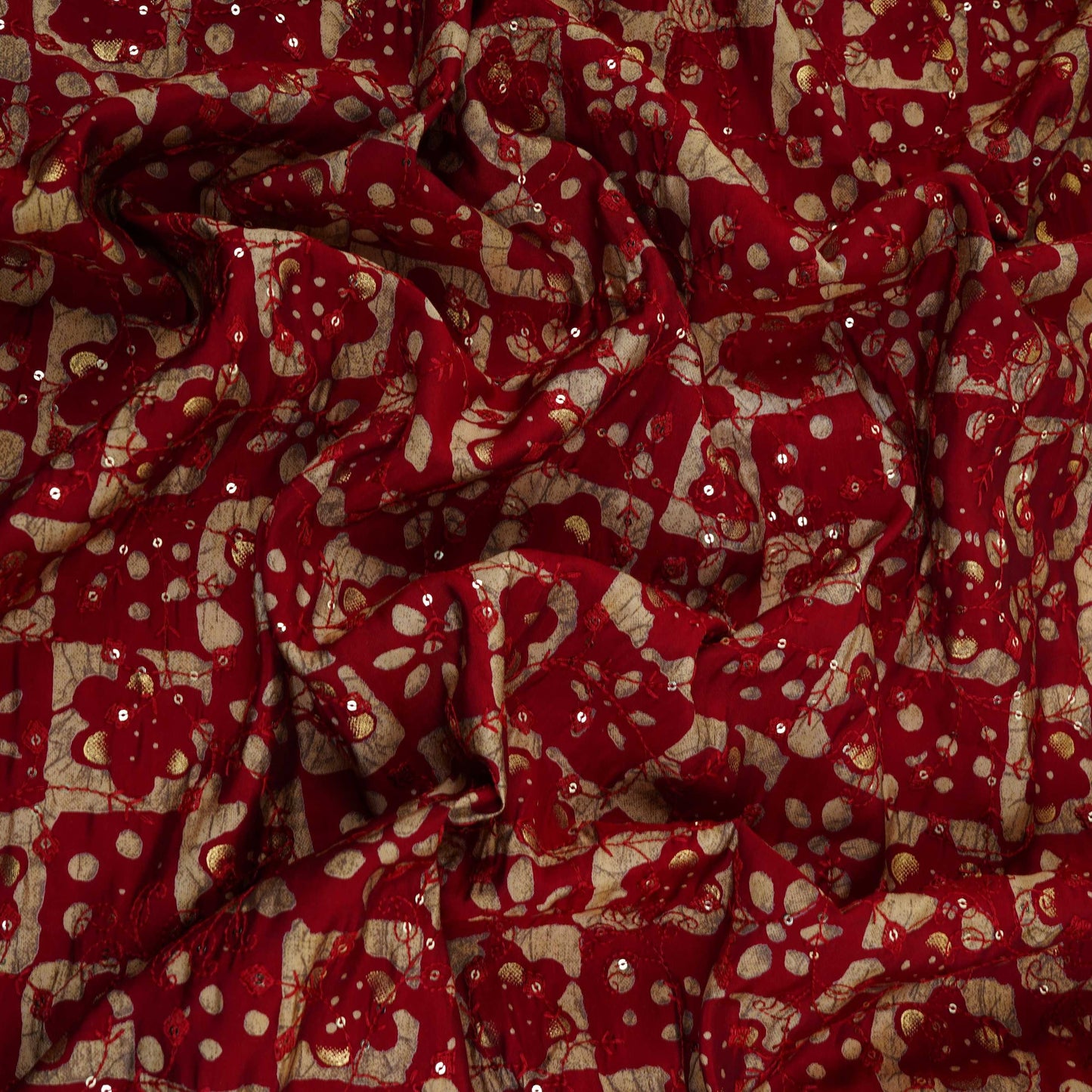 Maroon Foil Batik print embroidery Eri Cotton Silk Fabric MTFG-31055