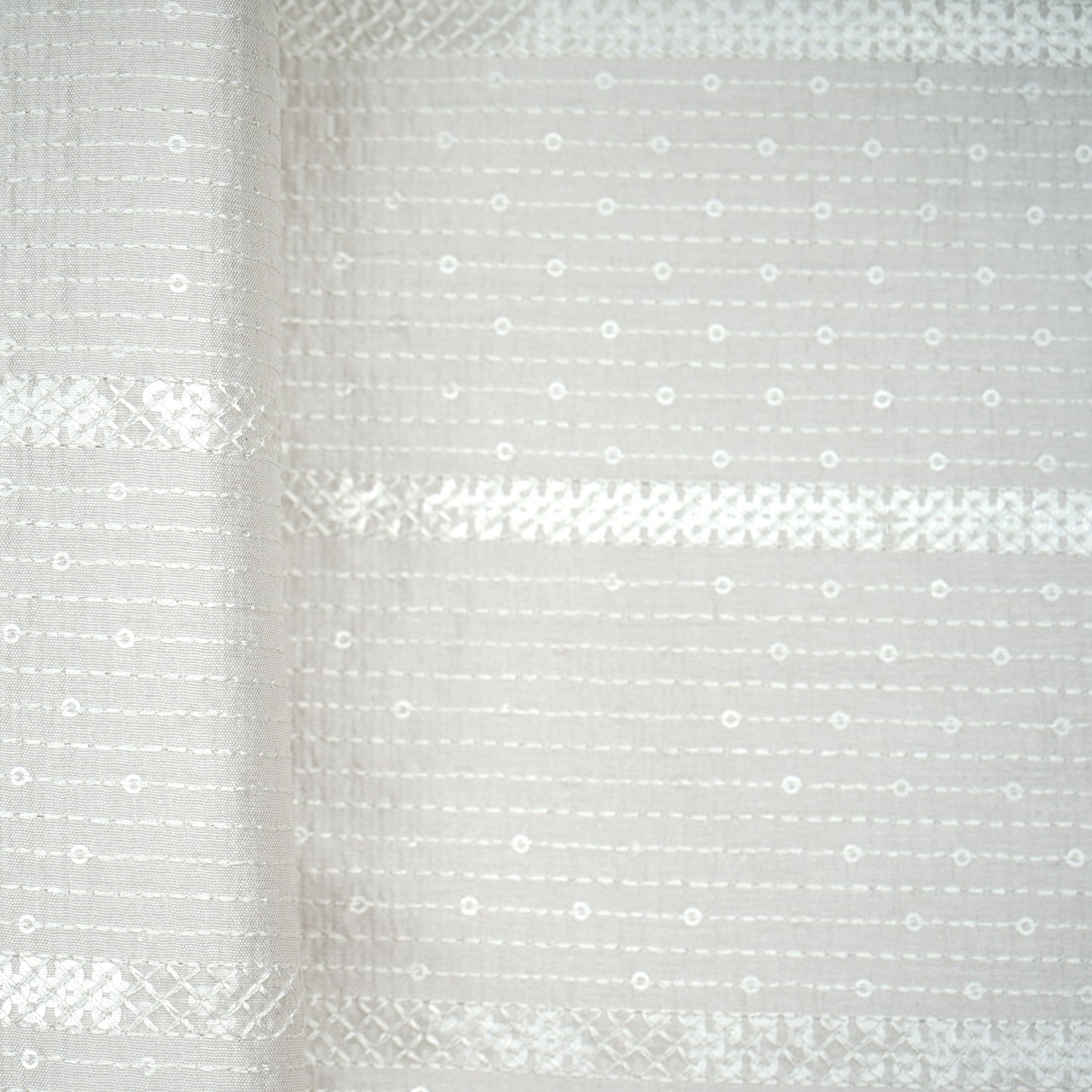 Light Beige Thread Sequins Embroidery Russian Silk Fabric 19532