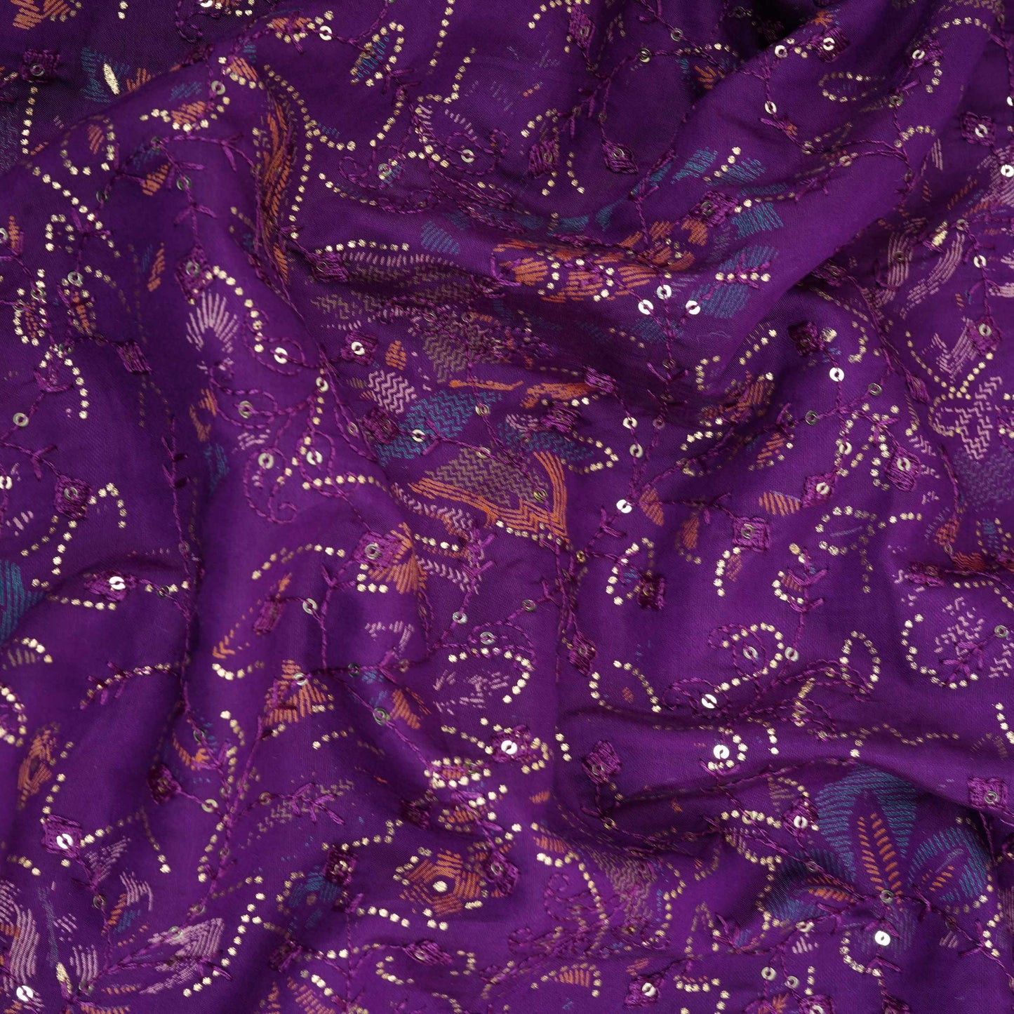 Purple Foil floral embroidery Eri Cotton Silk Fabric MTFG-31057