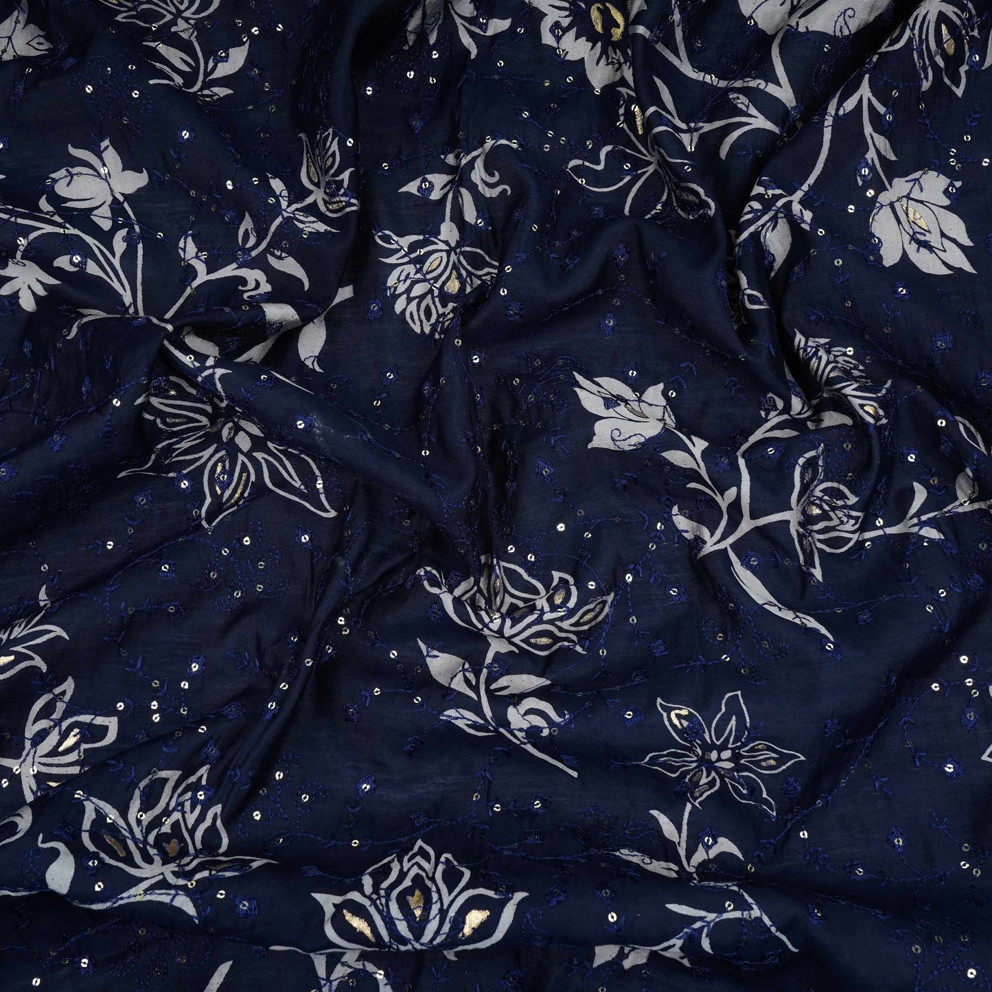 Navy Blue Foil floral embroidery Eri Cotton Silk Fabric MTFG-31058