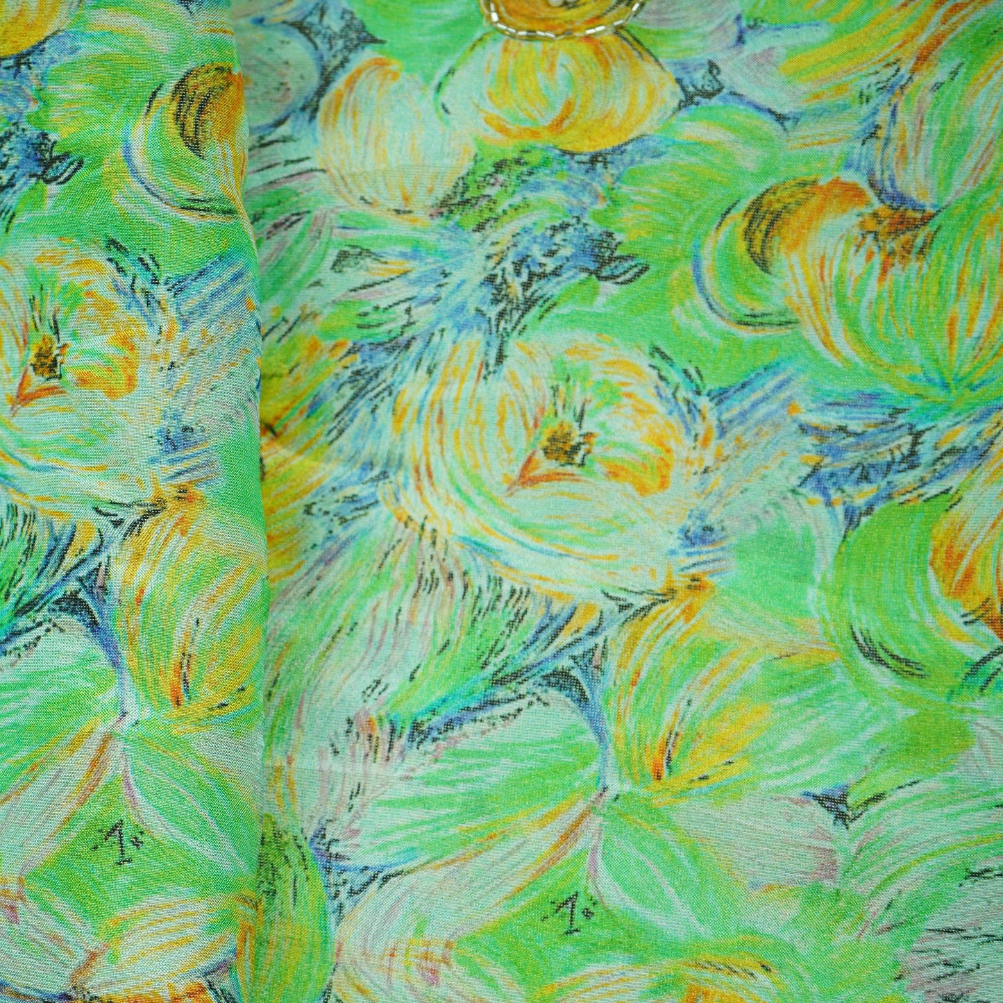 Light Green Cutdana & Pearl Floral Print Pure Tissue Fabric 21280
