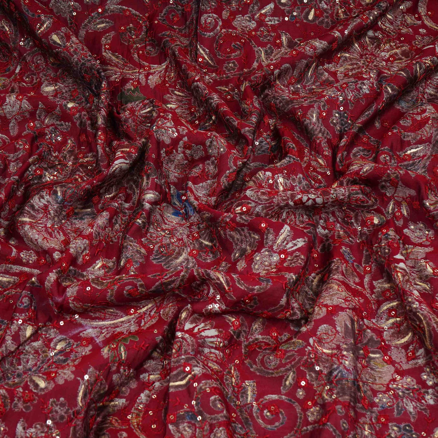 Maroon Foil floral embroidery Eri Cotton Silk Fabric MTFG-31062