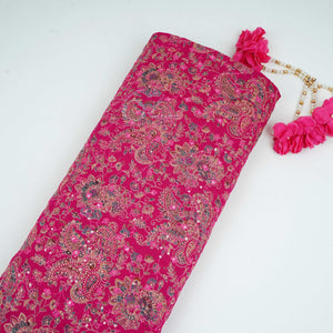 Magenta Pink Foil floral embroidery Eri Cotton Silk Fabric MTFG-31056 - TradeUNO