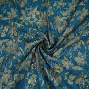 Teal Blue Foil floral embroidery Eri Cotton Silk Fabric MTFG-31061 - TradeUNO