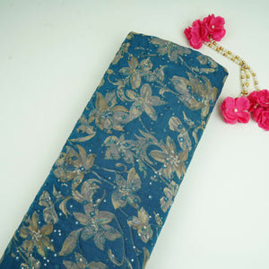 Teal Blue Foil floral embroidery Eri Cotton Silk Fabric MTFG-31061 - TradeUNO
