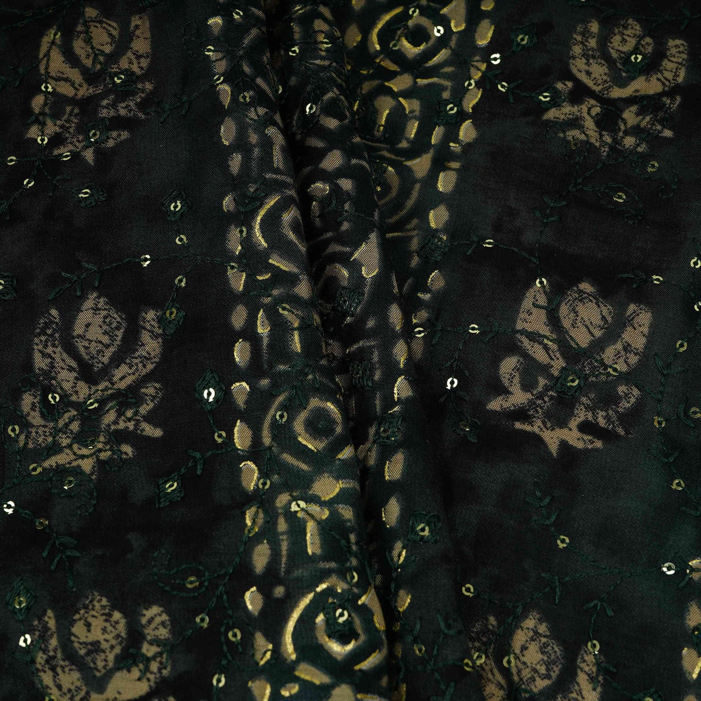 Bottle Green Foil Bagru Stripes embroidery Eri Cotton Silk Fabric MTFG-31059