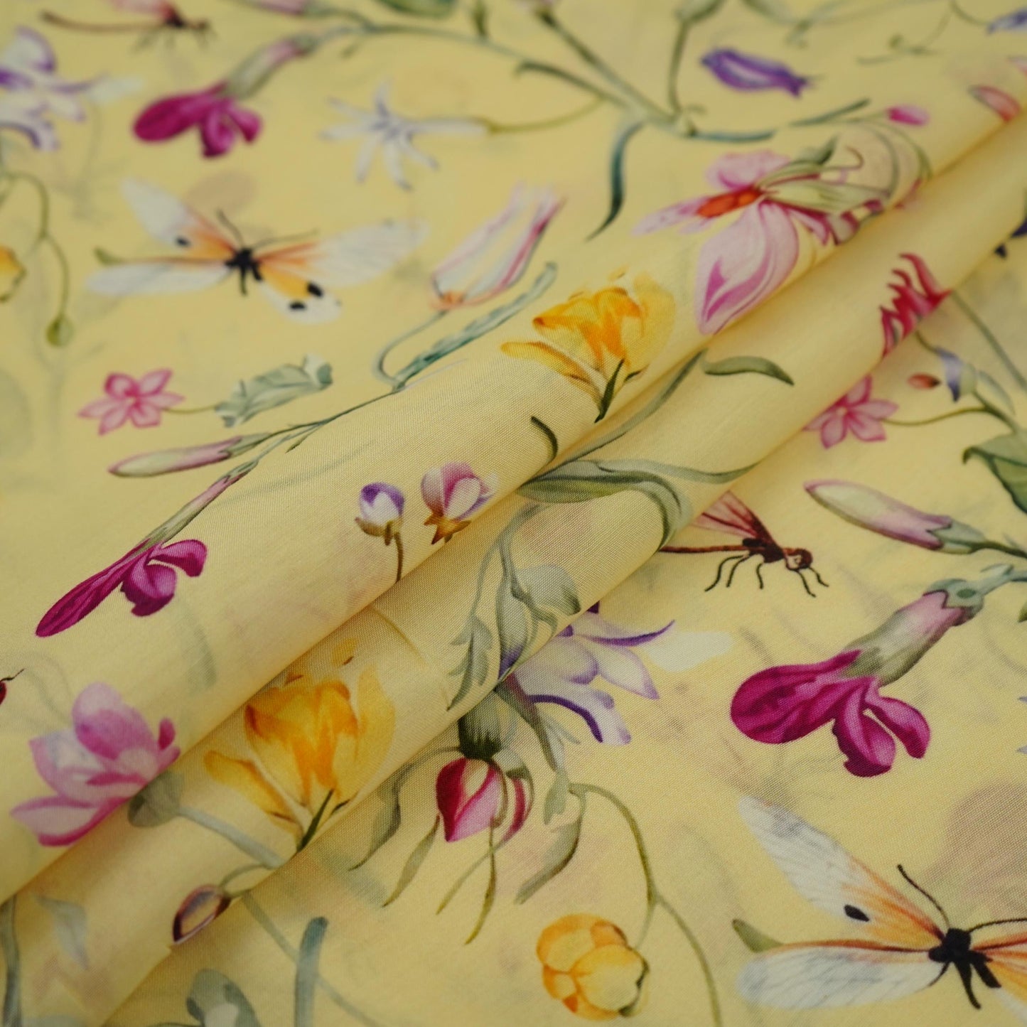 Butter Yellow floral print Muslin Fabric VF-31375