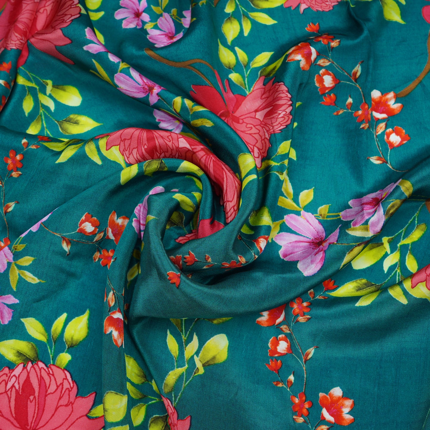 Bottle Green Floral Print Natural Crepe Fabric 21250