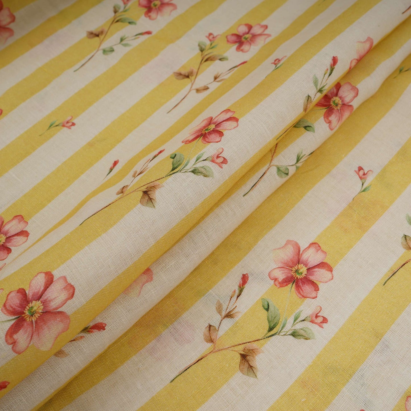 Lime Green with Off White Stripes floral 40s Pure Linen Fabric VF-31325 - TradeUNO