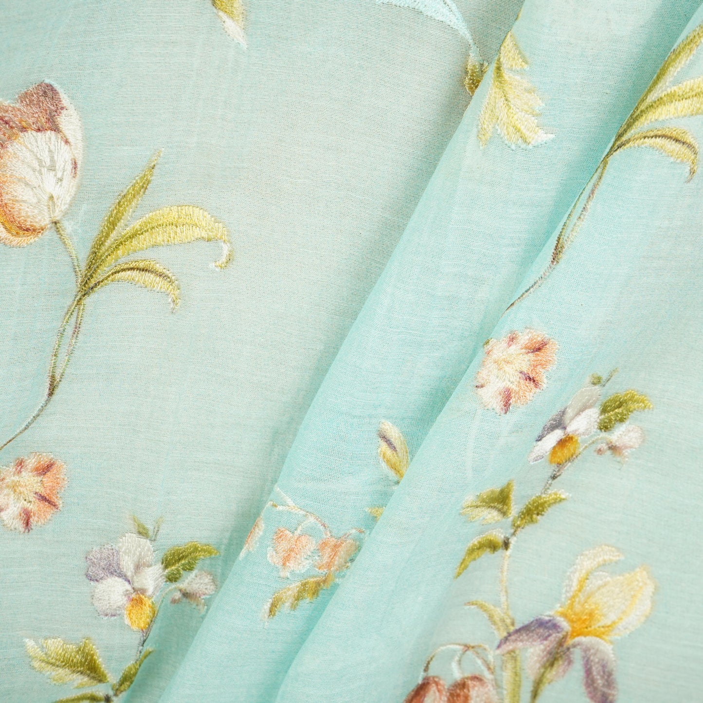 Sky Blue fine floral embroidery Mul Chanderi Fabric SNA-29631