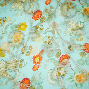 Power Blue floral print with jacquard Organza Fabric MT-31172 - TradeUNO