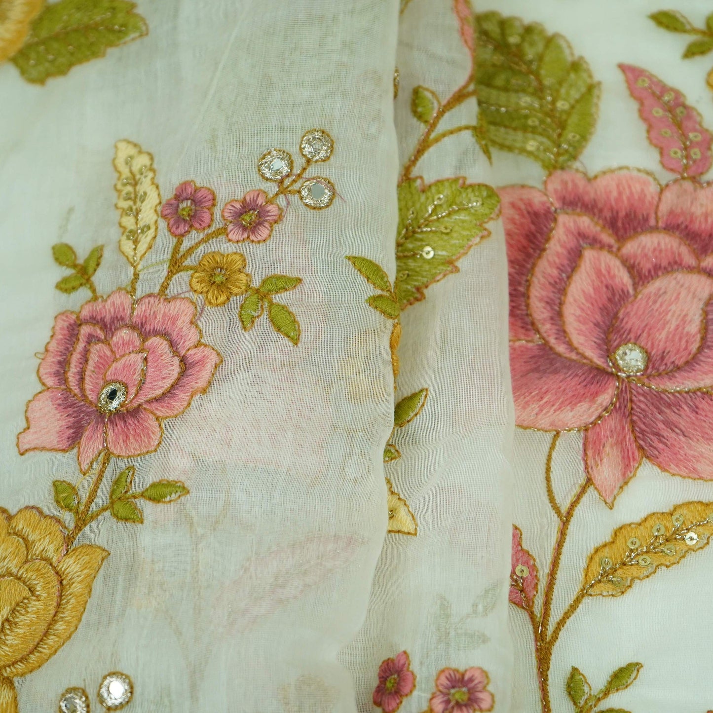 Off White Floral Sequence Embroidery Pure Banaras Mul Chanderi Fabric SGS-30700