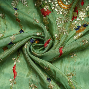 Green Thread Embroidery Viscose Zari Tissue Fabric 19898