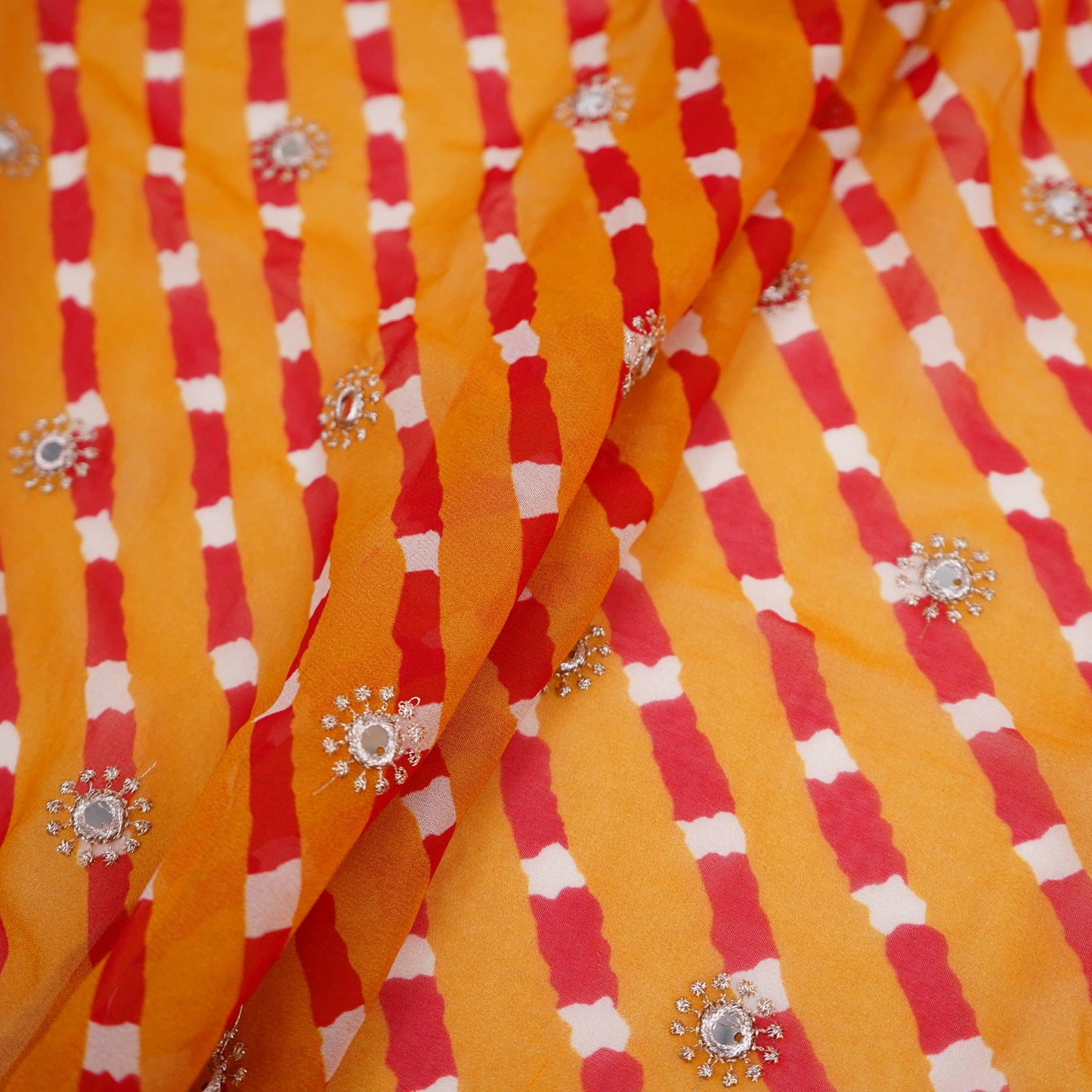 Mustard Yellow Leheriya Mirror embroidery Georgette Fabric GTS-31503