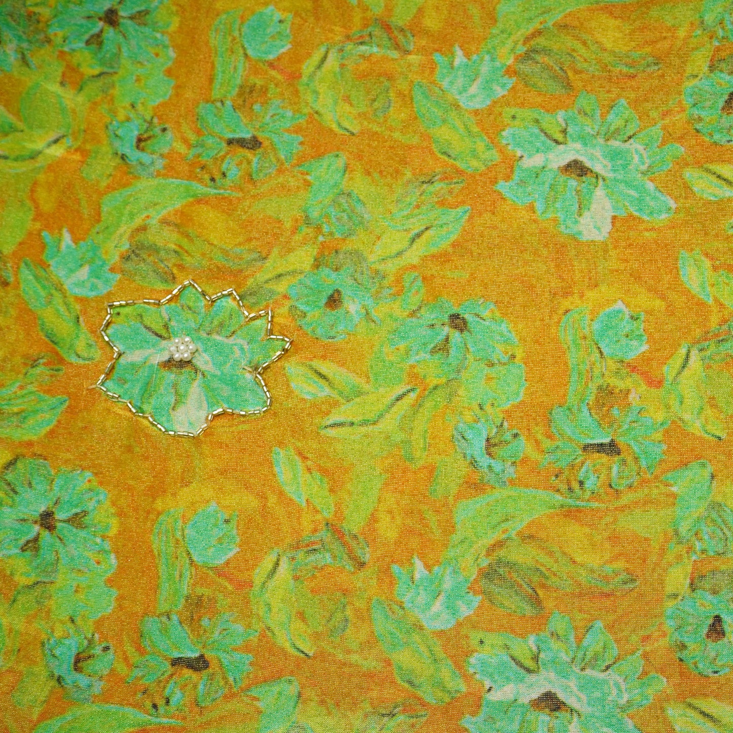 Mustard Cutdana & Pearl Floral Print Pure Tissue Fabric 21279