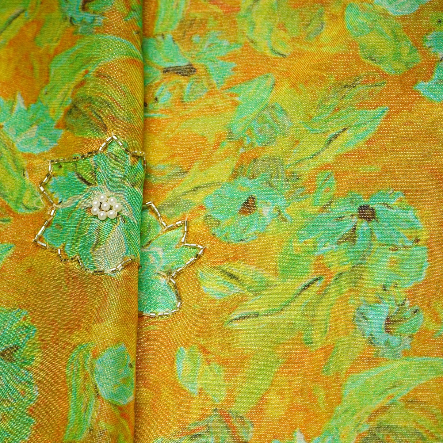 Mustard Cutdana & Pearl Floral Print Pure Tissue Fabric 21279