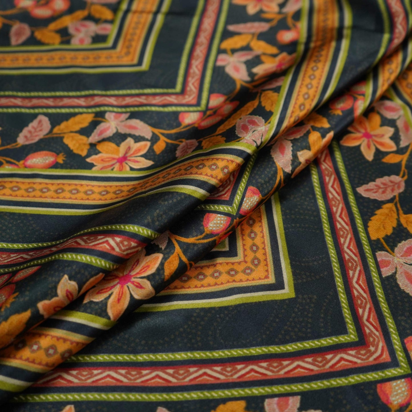 Midnight Blue Chintz Border panel Bemberg Modal Silk Fabric KTP-31405