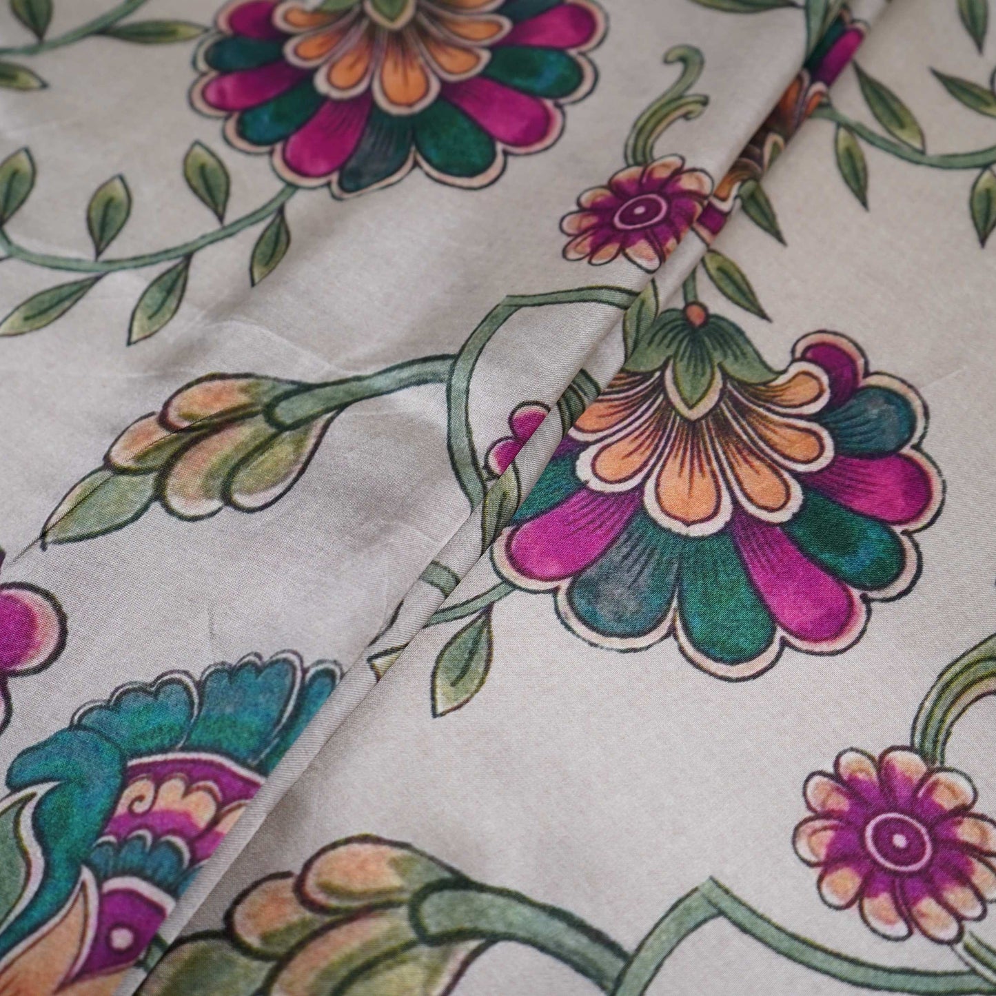 Ivory Mughal floral print Bemberg Modal Silk Fabric KTP-31394