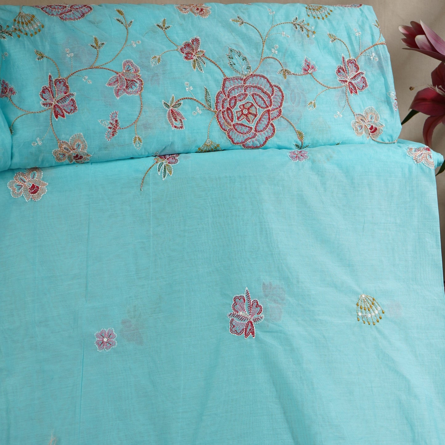 Sky Blue floral embroidery Mul Chanderi Fabric DC-29681