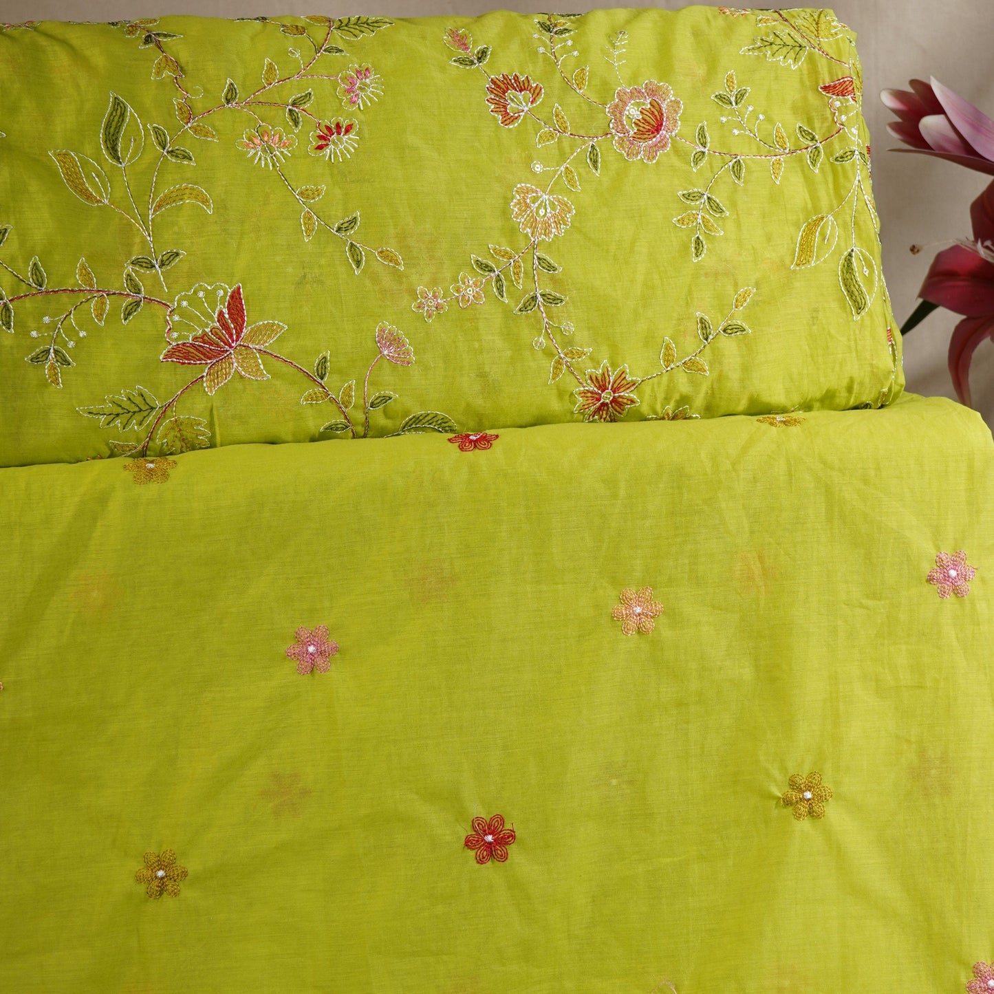 Parrot Green Mughal embroidery Mul Chanderi Fabric DC-29676