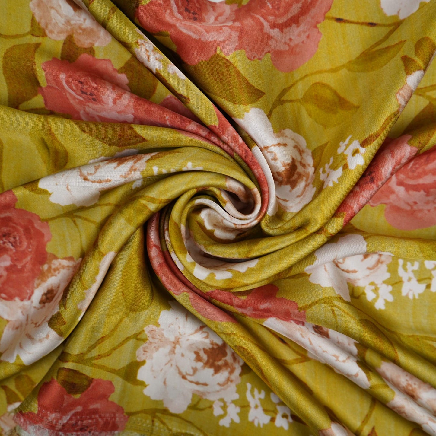 Olive Green floral print Bemberg Modal Silk Fabric KTP-31409