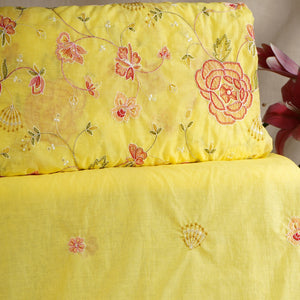 Lemon Yellow floral embroidery Mul Chanderi Fabric DC-29683 - TradeUNO