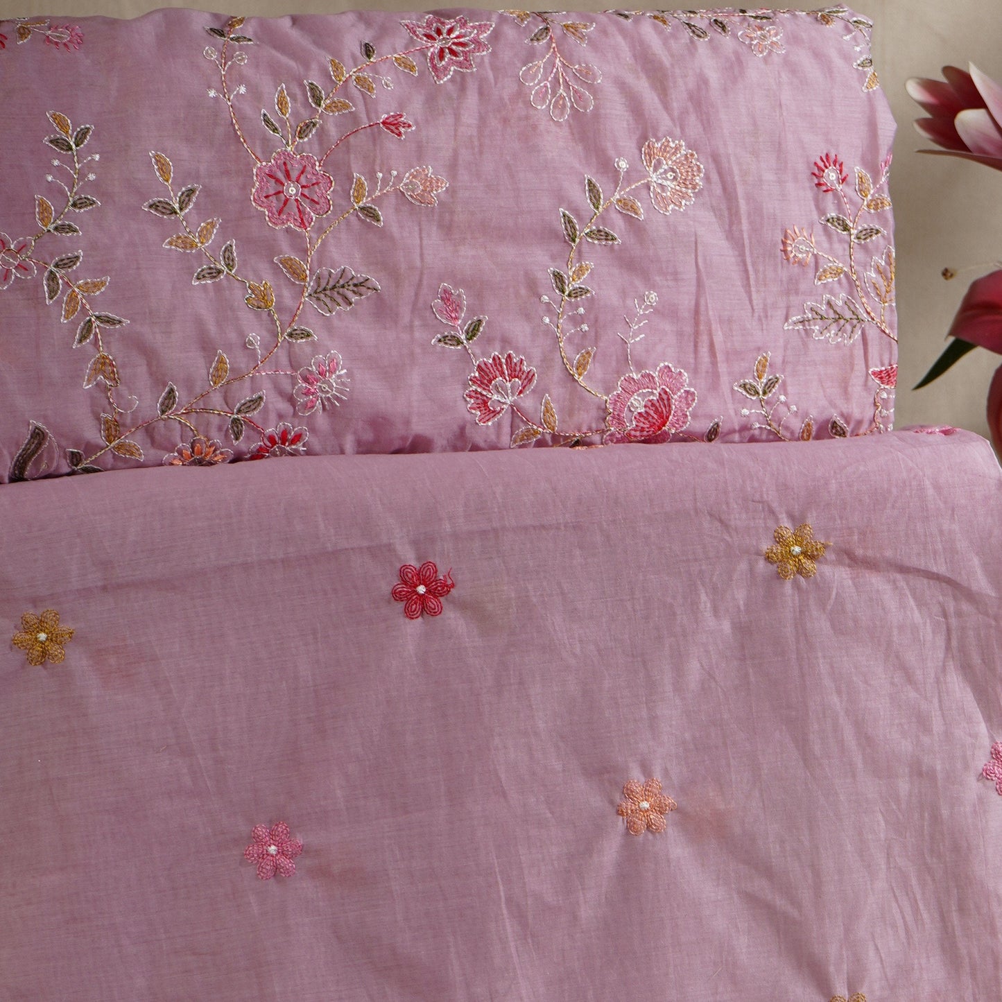 Lilac floral embroidery motif Mul Chanderi Fabric DC-29679