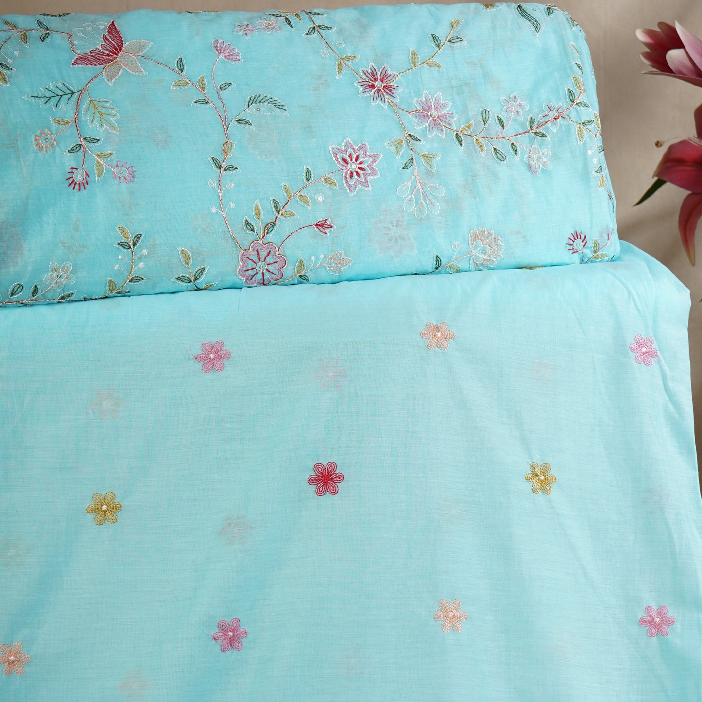 Sky Blue Mughal embroidery Mul Chanderi Fabric DC-29674