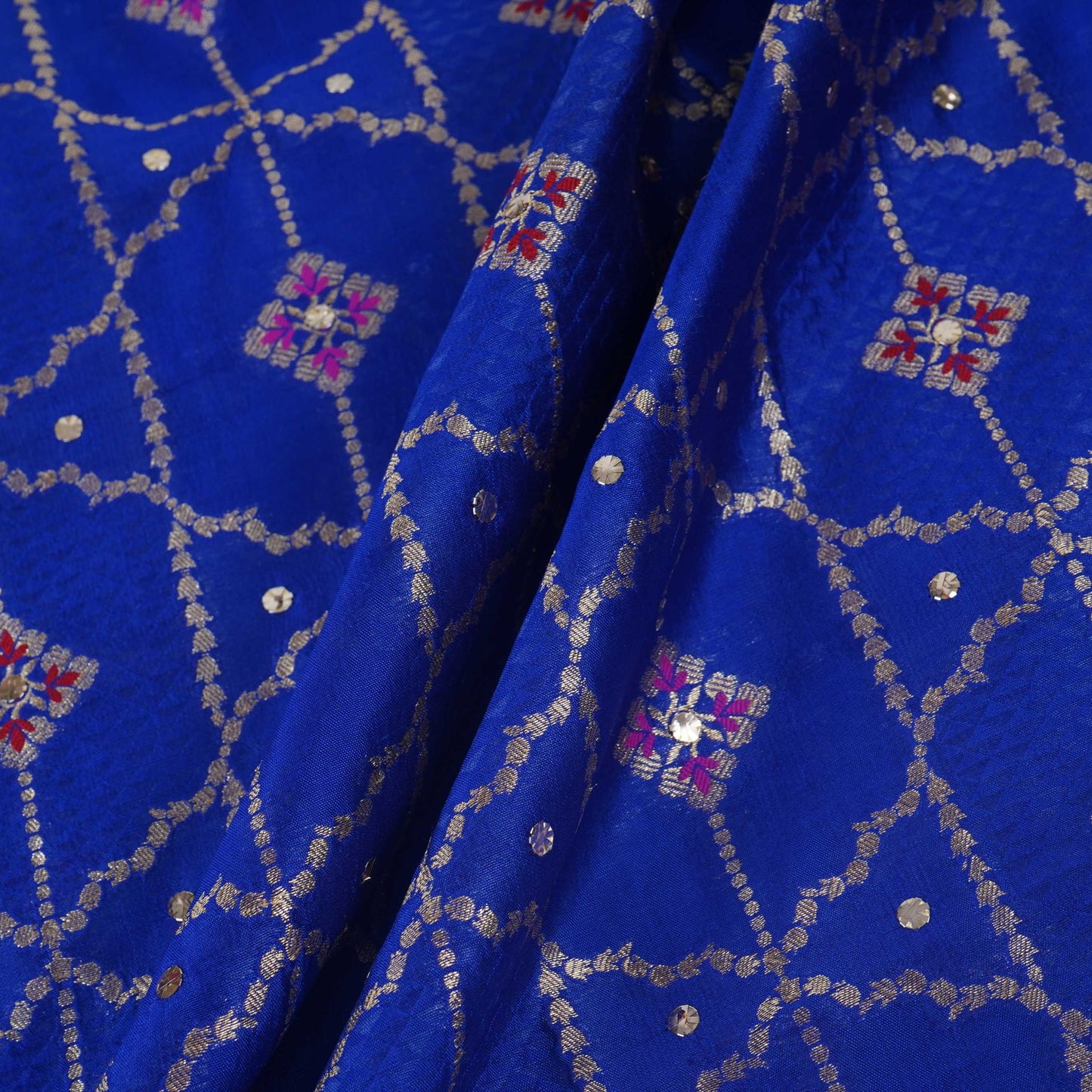 Royal Blue Mukesh Work with Jacquard Dupion Silk Tissue Fabric YHF-32825
