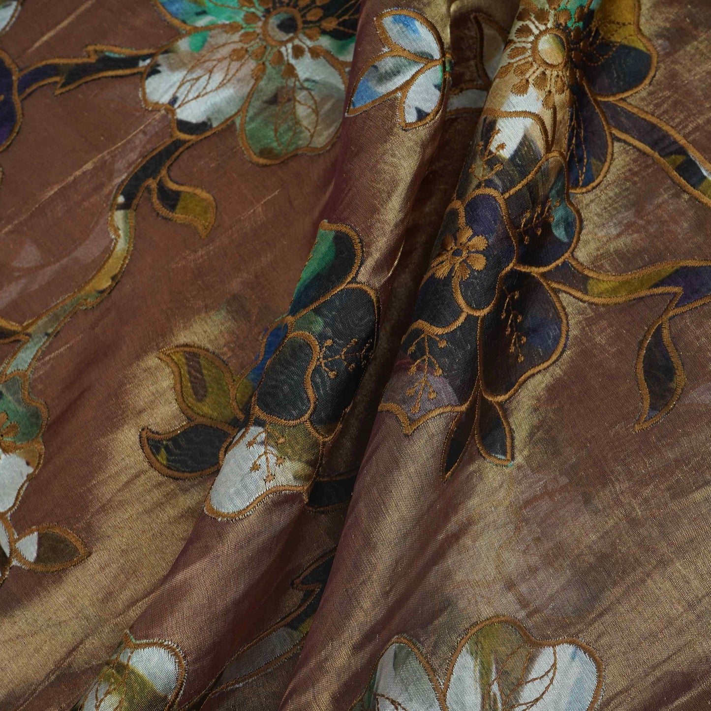 Chocolate Brown Applique Work Tissue Fabric YHF-32815