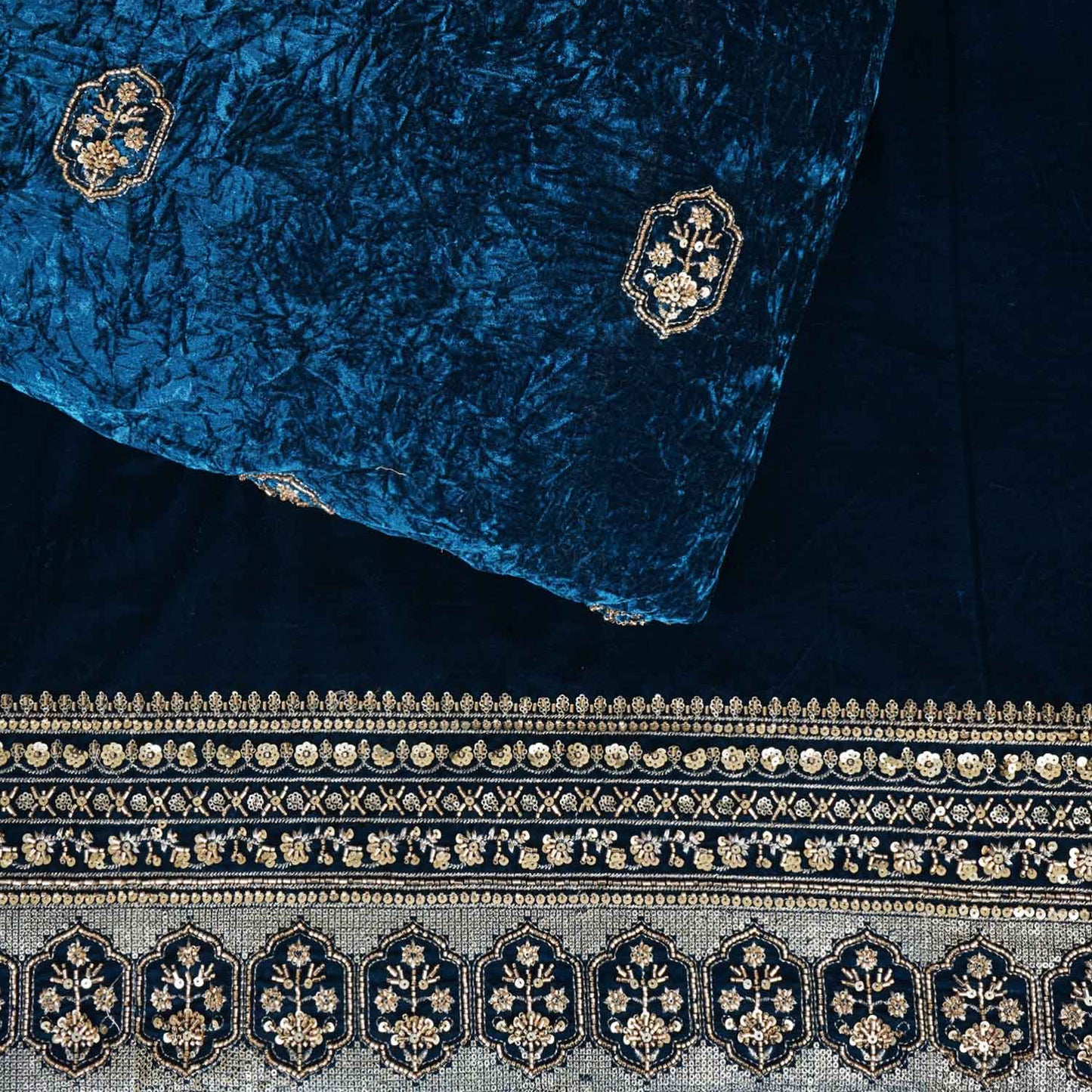 Teal Blue Floral Cutdana Crushed Velvet Fabric SC-28296