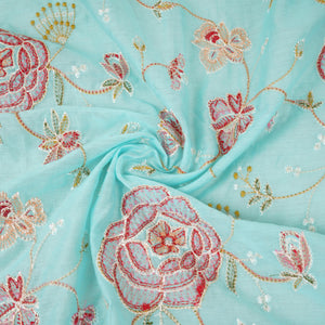 Sky Blue Aari embroidery Mul Chanderi Fabric DC-29680 - TradeUNO