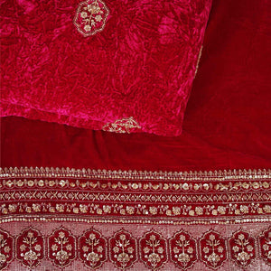 Magenta Pink Border Work Cutdana Micro Velvet 9000 Fabric SC-28297 - TradeUNO