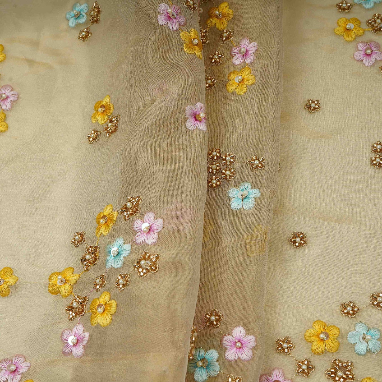Golden floral cutdana hand embroidery Dyeable Kanjivaram Silk Fabric TF-31159