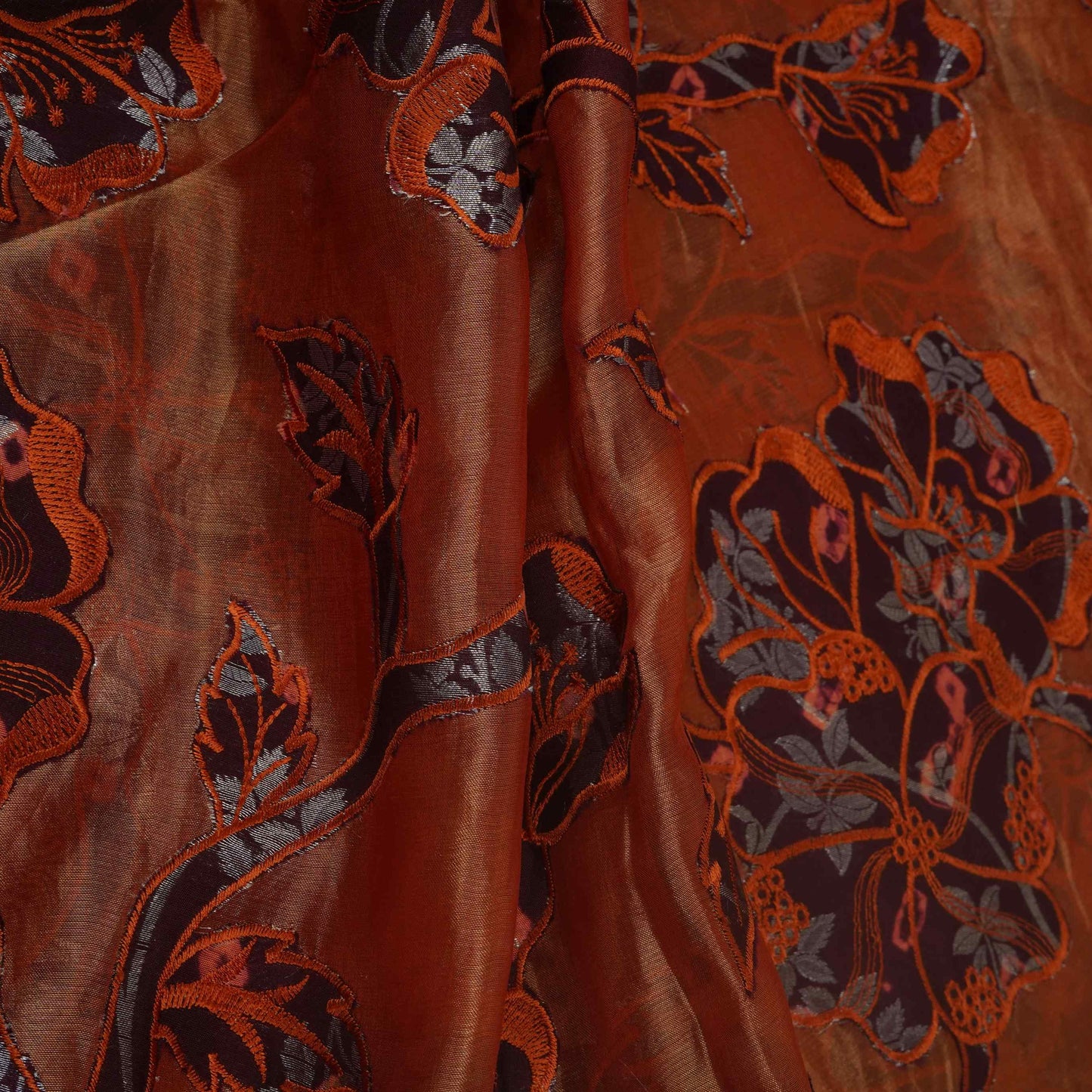 Rust Brown Applique Work Tissue Fabric YHF-32812