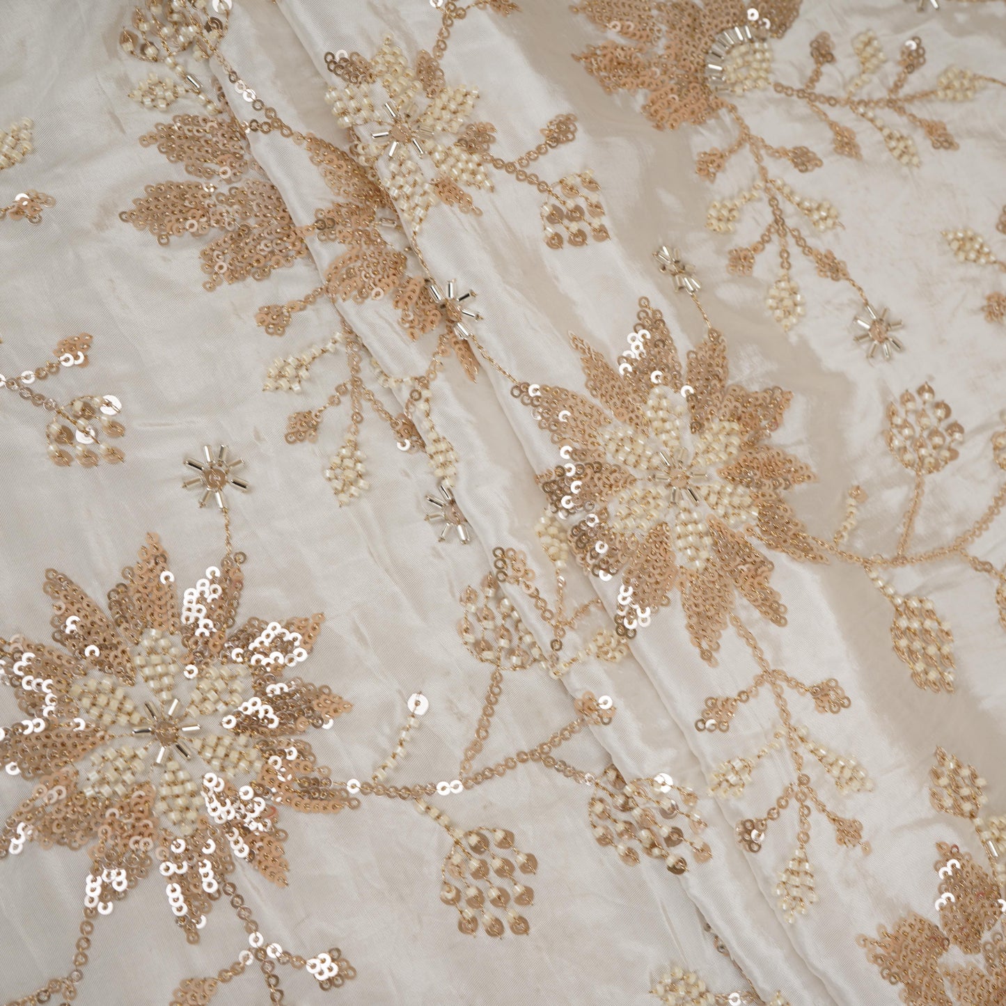 White floral Cutdana embroidery Crepe Fabric STF-29671