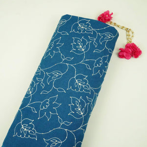 Denim Blue thread embroidery Pure Linen Fabric SN-31240 - TradeUNO