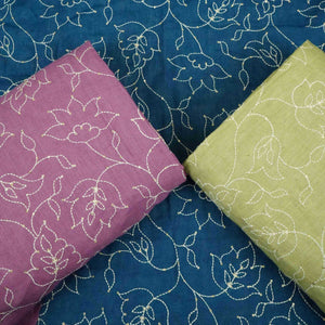 Denim Blue thread embroidery Pure Linen Fabric SN-31240 - TradeUNO