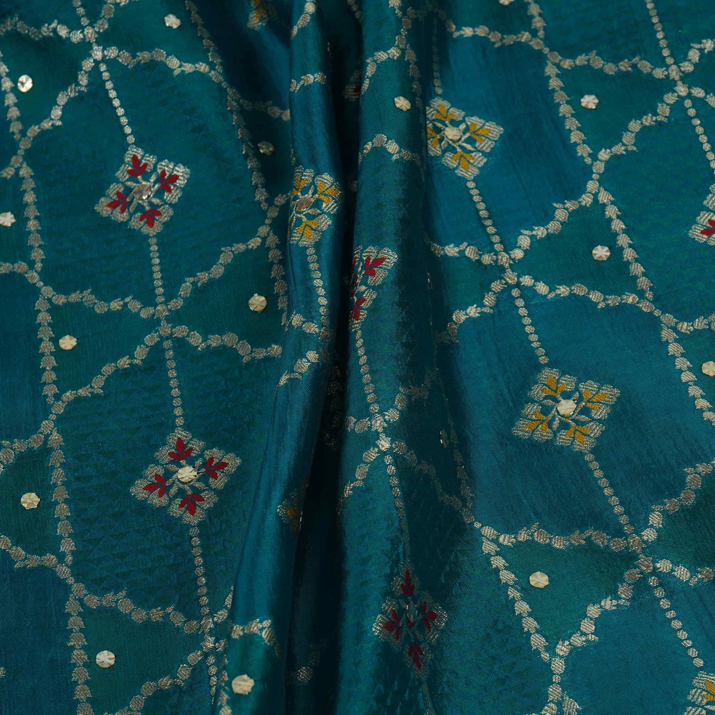 Teal Green Mukesh Work with Jacquard Dupion Silk Tissue Fabric YHF-32823