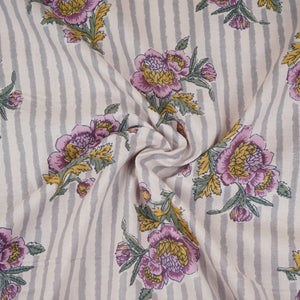 Off White & Grey Stripes Floral Print Cotton Fabric PB-29732 - TradeUNO