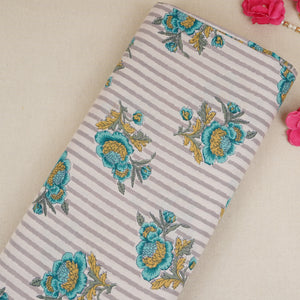 Off White & Blue Stripes Floral Print Cotton Fabric PB-29734 - TradeUNO