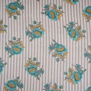 Off White & Blue Stripes Floral Print Cotton Fabric PB-29734 - TradeUNO