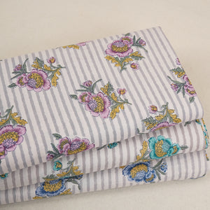 Off White & Grey Stripes Floral Print Cotton Fabric PB-29732 - TradeUNO