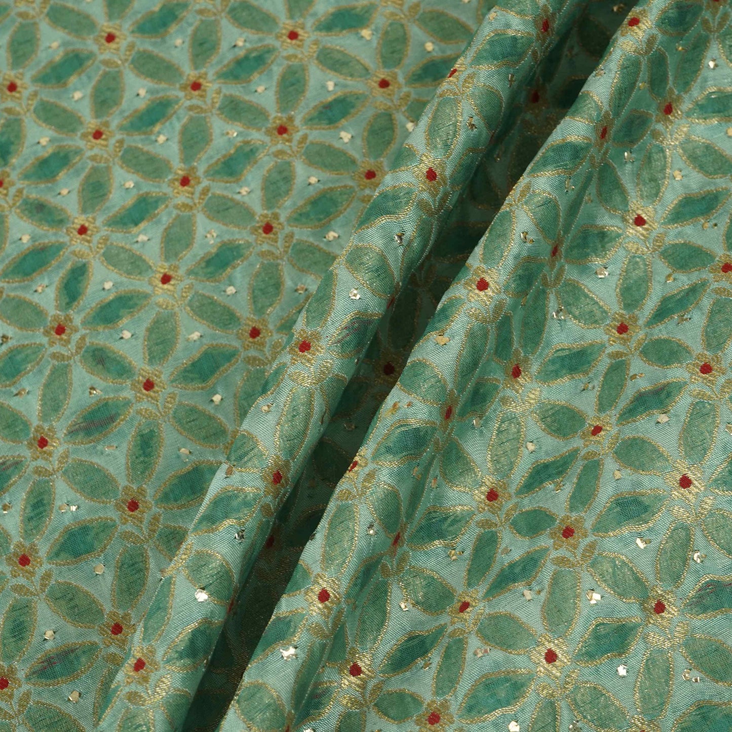 Sky Blue Mukesh Work Organza Brocade Fabric YHF-32834