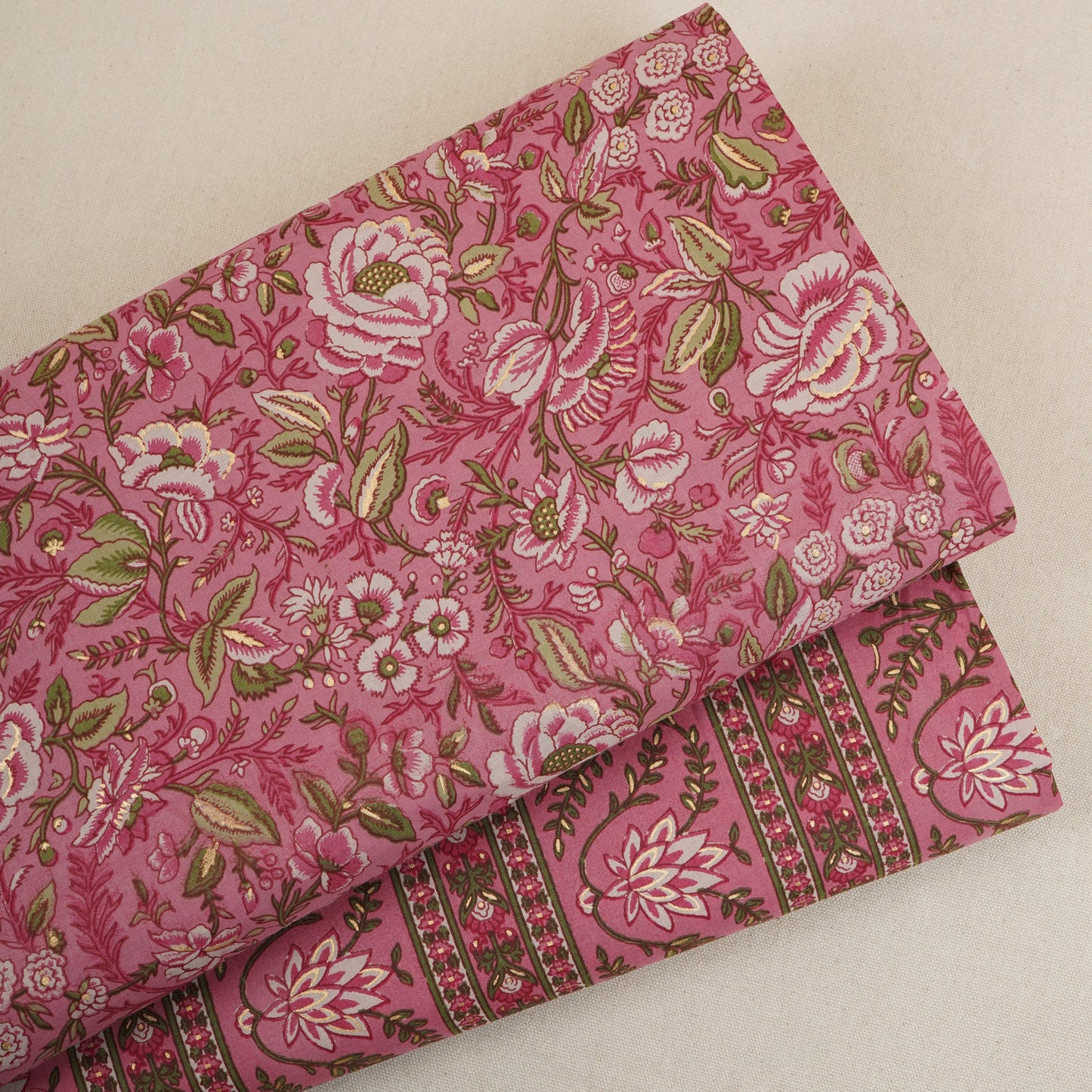 Pink Floral Stripes Foil Print Cotton Fabric PB-29702