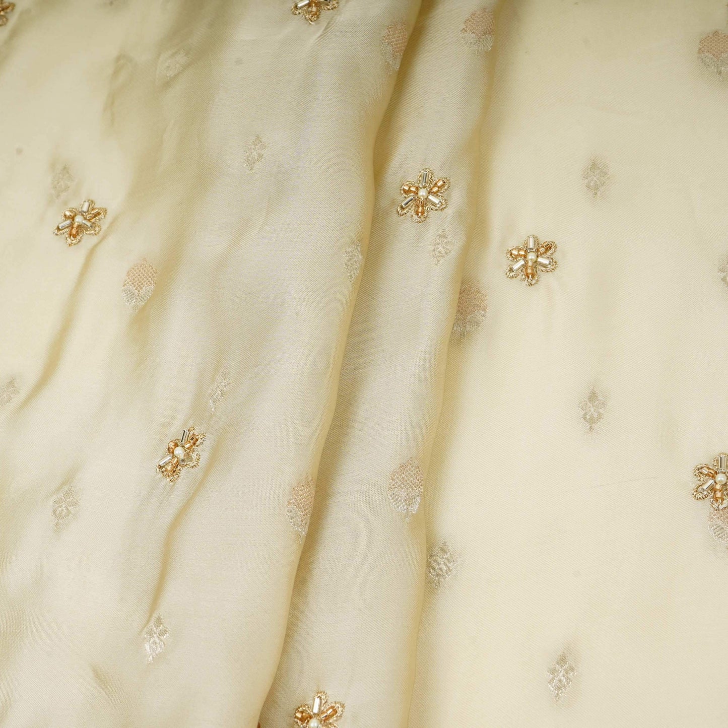 Cream Zari cutdana embroidery Satin Silk Fabric TF-31122